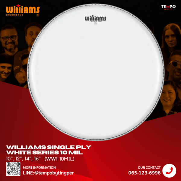 หนังกลองชั้นเดียว Williams White 10MIL เสียงอุ่น เปิด และบาลานซ์