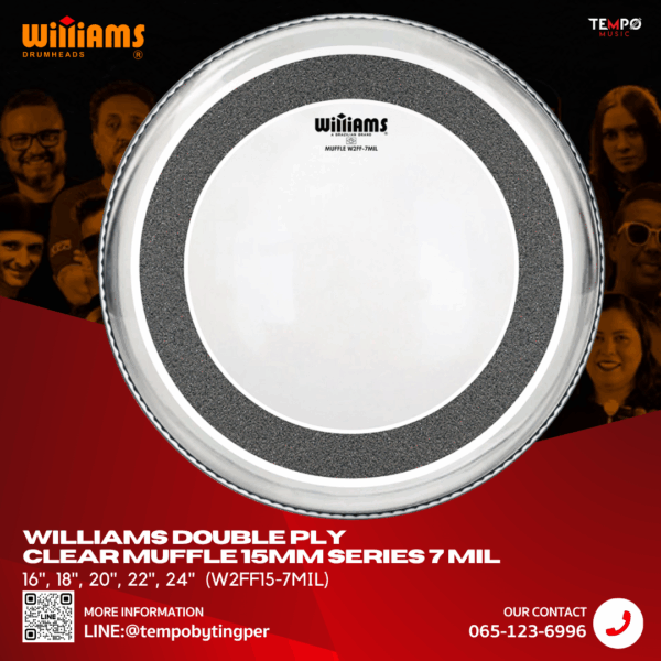 หนังกลองกระเดื่อง Williams W2FF15-7MIL แบบใส 2 ชั้น พร้อม Muffle