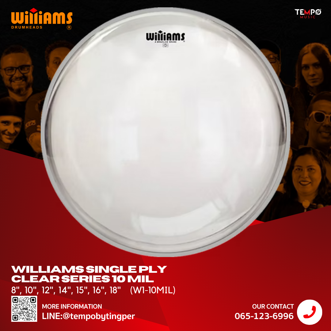 williams-10mil-clear-resonant-drumhead.jpg หนังกลอง Williams Single Ply Clear 10 MIL เสียงเปิด โปร่ง Sustain ยาว เหมาะสำหรับ Tom และ Floor Tom