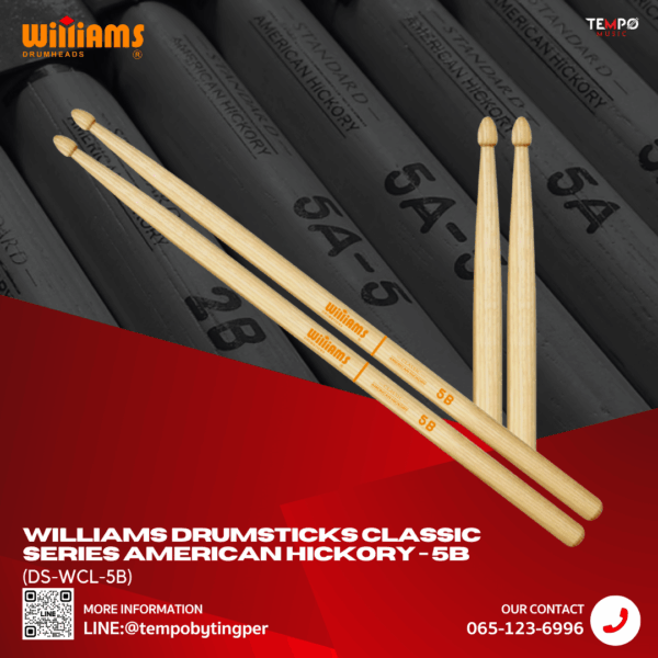 ไม้กลอง Williams 5B ไม้ Hickory ขนาดมาตรฐานสำหรับร็อกและป็อป