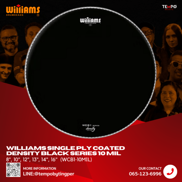 หนังกลองสแนร์ Williams WCB1 สีดำผิวสาก แบบ 1 ชั้น หนา 10 Mil